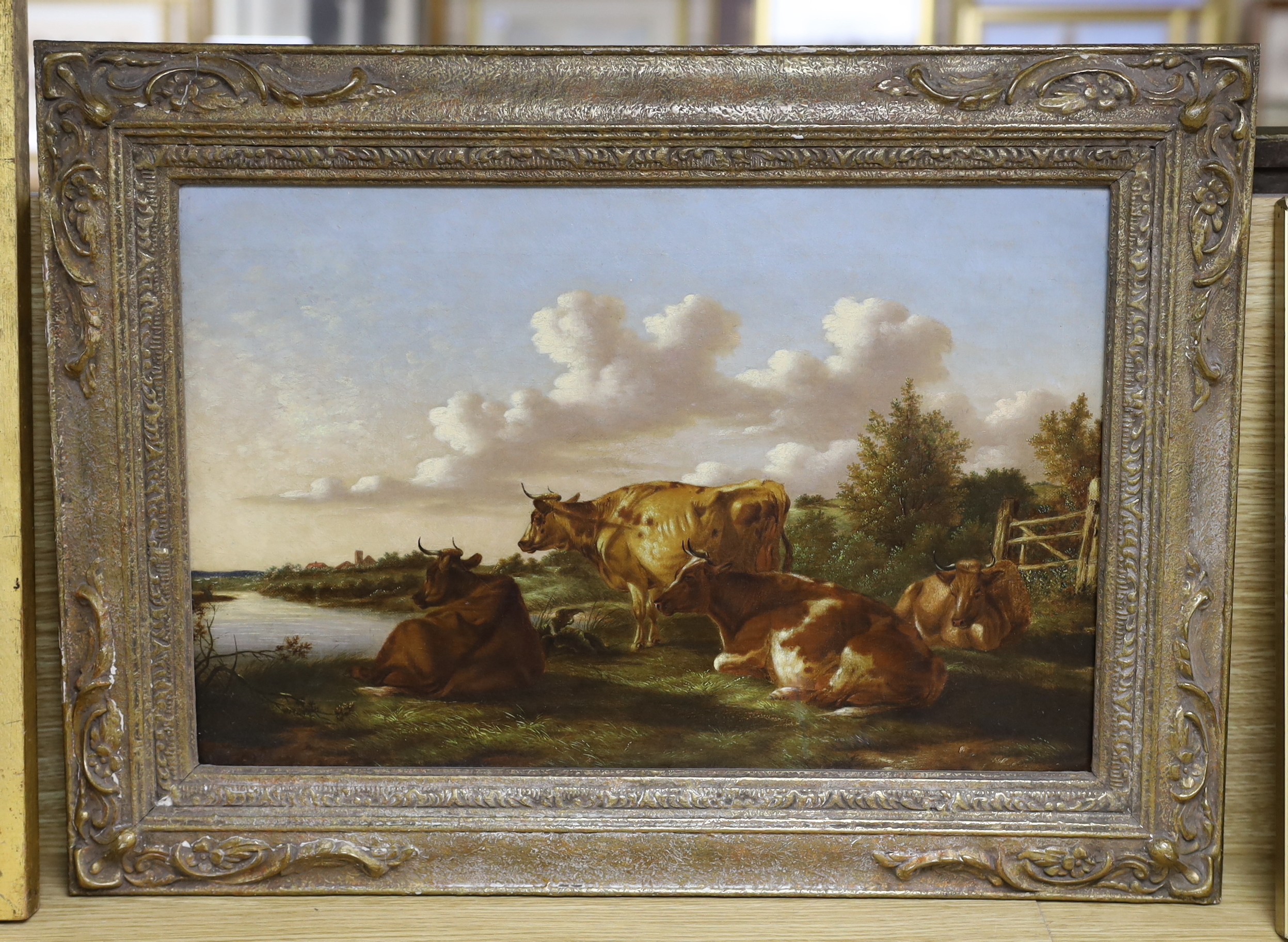 Follower of Thomas Sidney Cooper (1803-1902), oil on canvas, Cattle in a landscape, 28 x 43cm